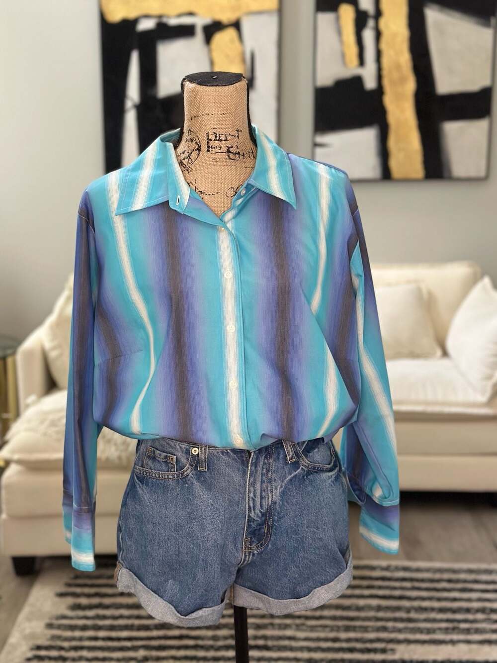 Westbound Woman Blue and Purple Striped Long Sleeve Button-Down Shirt